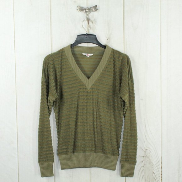 L.L. Bean Sweaters - LL Bean Signature Olive Green Striped V-Neck Pullover Sweater Size XS